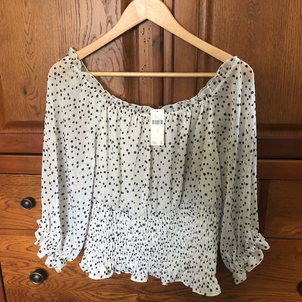 Anthropologie Off the shoulder polka dot top with blouson sleeves